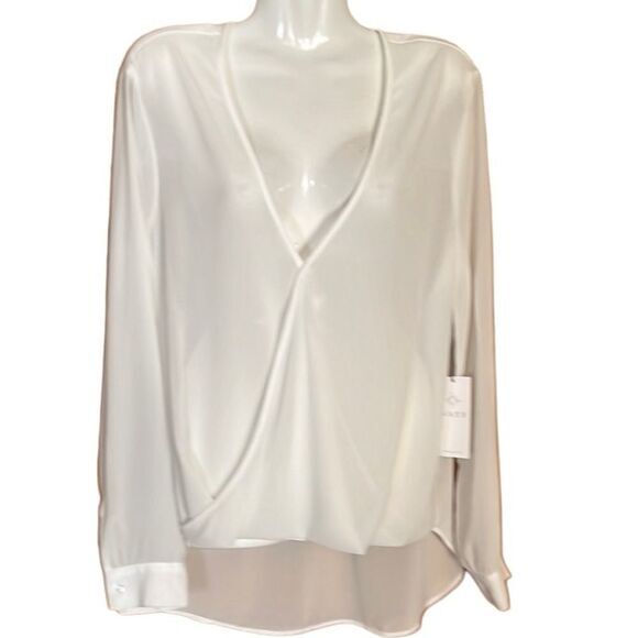WAYF Womens Semi Sheer Top Sz L High Low Hem Blouson Front Long Sleeve Cream NWT - Picture 1 of 8